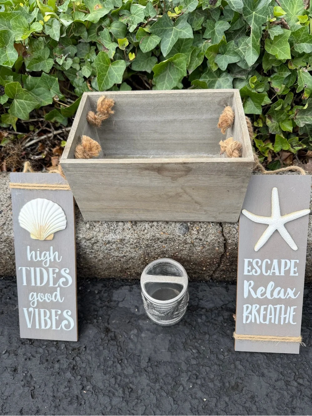 Coastal Gray Wooden Vanity Tray with Rope Accents